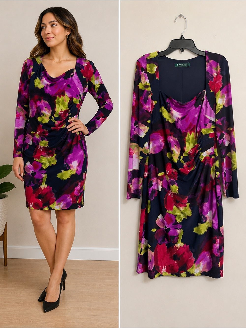 Lauren Ralph Lauren Women’s Floral Cowl Neck Ruched Dress Size 8 Navy Purple